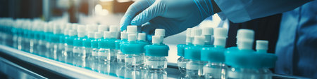 Scientist in blue gloves working with reagents in laboratory, closeupの素材