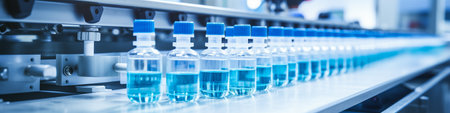 Laboratory glassware with blue liquid on conveyor belt in factoryの素材