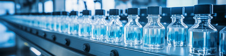 Laboratory glassware on conveyor belt in chemical factory. Industrial backgroundの素材