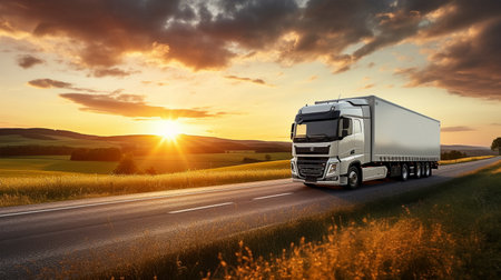 White truck on the road at sunset. Freight transportation concept.の素材