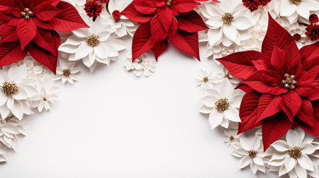 Christmas background with poinsettia and white flowers on white backgroundの素材
