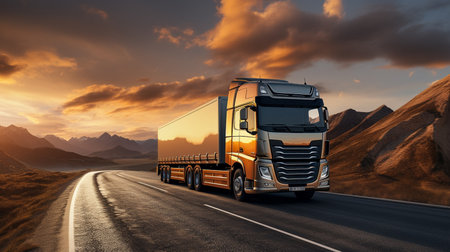 Truck on the road at sunset. 3d illustrations. Conceptual image.の素材