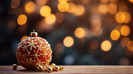 Christmas bauble on wooden table with bokeh lights in backgroundの素材