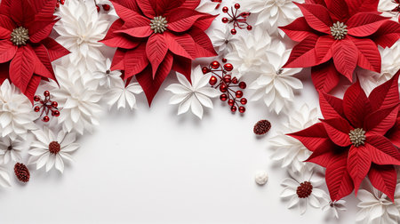 Christmas background with poinsettia flowers and berries, top viewの素材