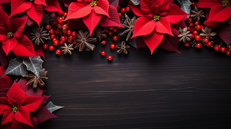 Poinsettia, star anise, cinnamon and holly on black wooden backgroundの素材