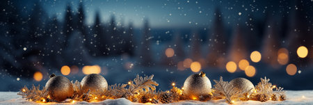 Christmas background with golden baubles, bokeh lights and snowflakesの素材