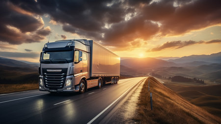 Truck on the road at sunset. Transportation and logistics concept.の素材