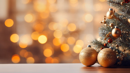 Christmas tree with golden baubles on bokeh lights backgroundの素材