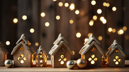 Christmas decoration with gingerbread houses on wooden table against defocused lightsの素材