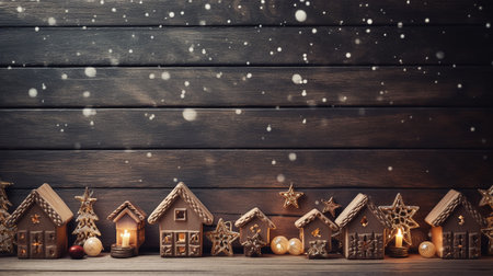 Christmas gingerbread houses on wooden background. Christmas greeting card. Copyspace.の素材