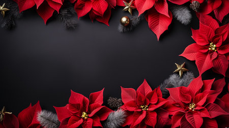 Christmas background with poinsettia and fir branches on black backgroundの素材