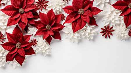 Christmas background with poinsettia flowers and white paper snowflakesの素材