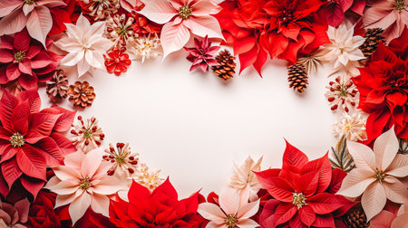 Christmas background with poinsettia flowers and pine cones on white backgroundの素材