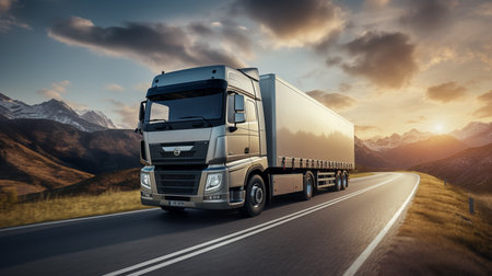 Truck on the road at sunset. Transportation and logistics concept.の素材