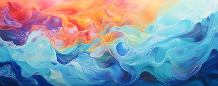 abstract background of blue, orange and yellow paint mixing in water.の素材