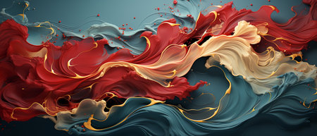 3d render, abstract background with gold, red and blue paint. Fluid art.の素材