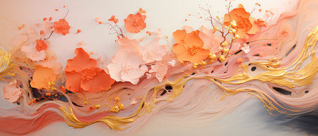 3d illustration of abstract background with pink and orange flowers and marble effectの素材