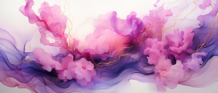 Abstract background with pink and purple flowers and golden lines. Vector illustration.の素材