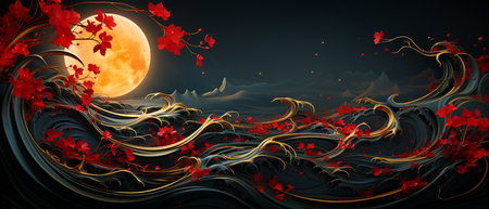 Halloween background with full moon and red flowers. Vector illustration.の素材