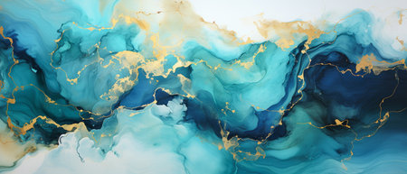 Abstract blue and gold marble texture background. Alcohol ink painting effect.の素材