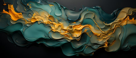 3d rendering of abstract fluid art background with gold and black colorsの素材