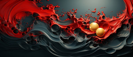 3d render, abstract background with red and black liquid splash and golden ballsの素材