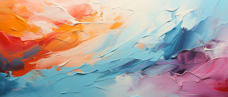 Abstract background of acrylic paints in blue, orange and red colors.の素材