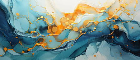 Abstract background with blue and golden marble liquid texture. Vector illustration.の素材