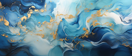 Marbled blue and golden abstract background. Liquid marble ink texture.の素材