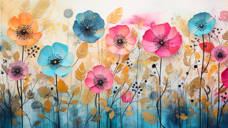 Colorful poppies flowers on watercolor background. Hand drawn illustrationの素材