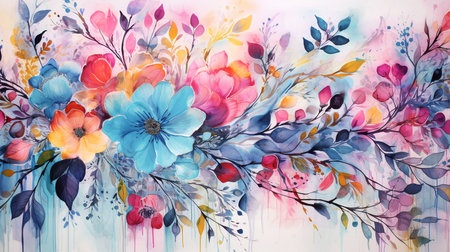 Watercolor floral background with colorful flowers. Hand painted floral background.の素材