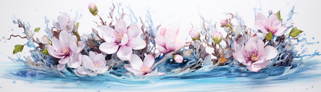 Spring blossom sakura flowers in water splashes. Vector illustrationの素材