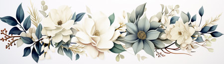 Vector floral background with white flowers, eucalyptus branches and leaves.の素材
