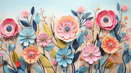 Colorful paper flowers with branches on light blue background, closeupの素材