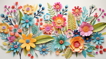 Colorful paper cut flowers on white background. Paper art style.の素材