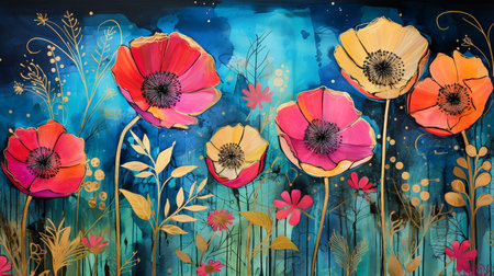 Watercolor painting of poppies flowers on a blue background.の素材