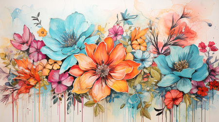 Watercolor floral background. Hand painted watercolor flowers on paper.の素材