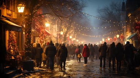 Crowd of people walking on a snowy street at Christmas time.の素材