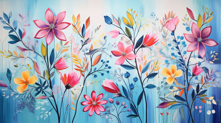 Floral background with flowers and leaves. Watercolor painting illustration.の素材