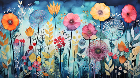 Watercolor floral background with poppies. Watercolor illustration.の素材
