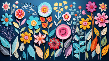 Floral design with colorful flowers on blue background. Vector illustration.の素材