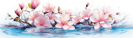 Beautiful cherry blossoms on water background. Watercolor illustration.の素材
