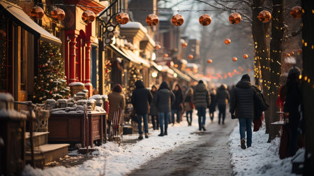 Christmas market in the old town of Riga, Latvia. People walking on the street.の素材