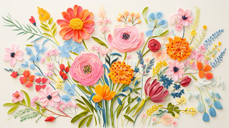 Top view of colorful flower bouquet on white background. Flat layの素材