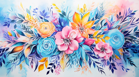Hand drawn watercolor floral bouquet on white background. Colorful flowers.の素材