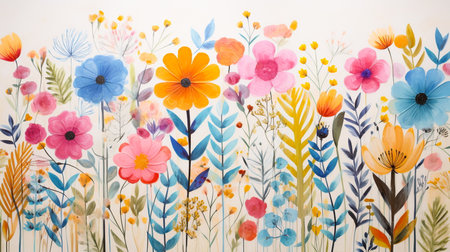 Colorful flowers painted on the wall. Colorful flowers background.の素材