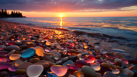 Colorful sea pebble stones on the beach at sunset.の素材