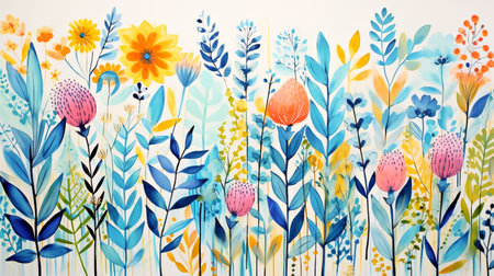 Watercolor floral background. Hand drawn illustration with flowers and leaves.の素材