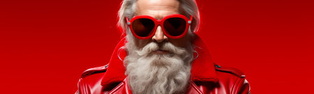 Close-up portrait of a stylish bearded man in red leather jacket and sunglasses.の素材