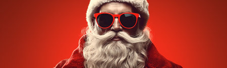 Portrait of Santa Claus in red sunglasses on red backgroundの素材